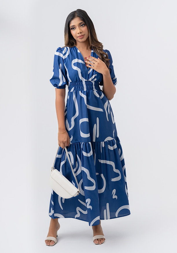 LOLA V NECK BLUE PRINTED DRESS